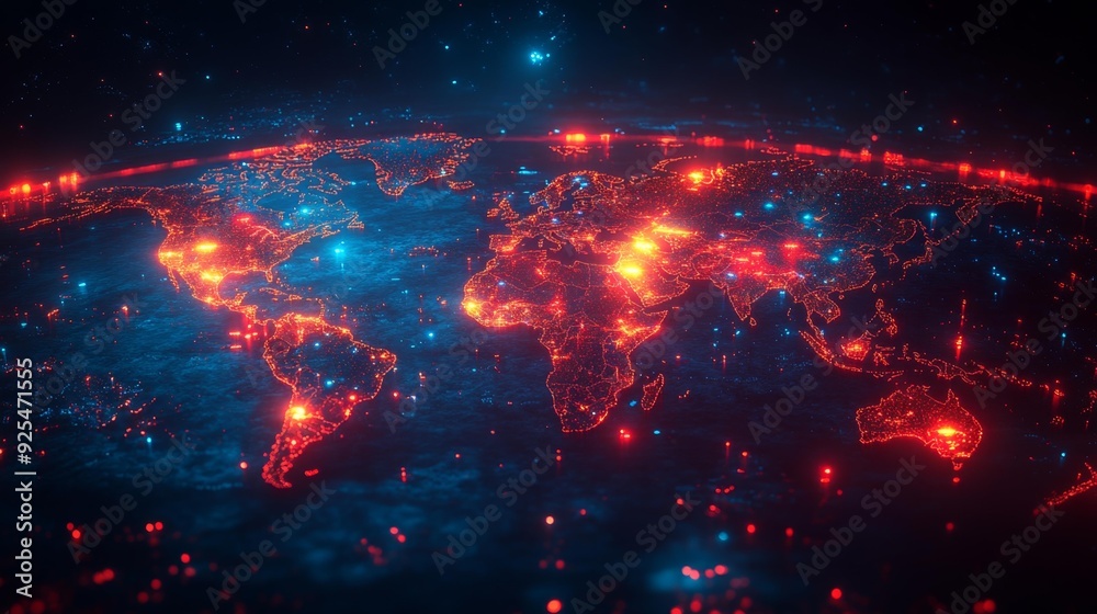 Global cyber network map at night - generative ai Global cyber network map at night - generative ai