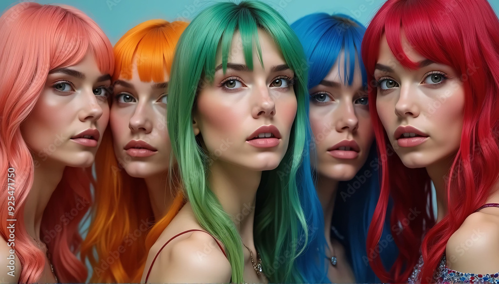 Obraz premium A group of ladies displaying a range of hair colors and styles while standing together with distinctive, vividly colored hair 