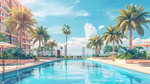 Hotel with a pool and palm trees, 3D. High-rise hotel building. For concepts of family summer vacation