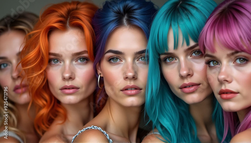 A group of ladies displaying a range of hair colors and styles while standing together with distinctive, vividly colored hair 
