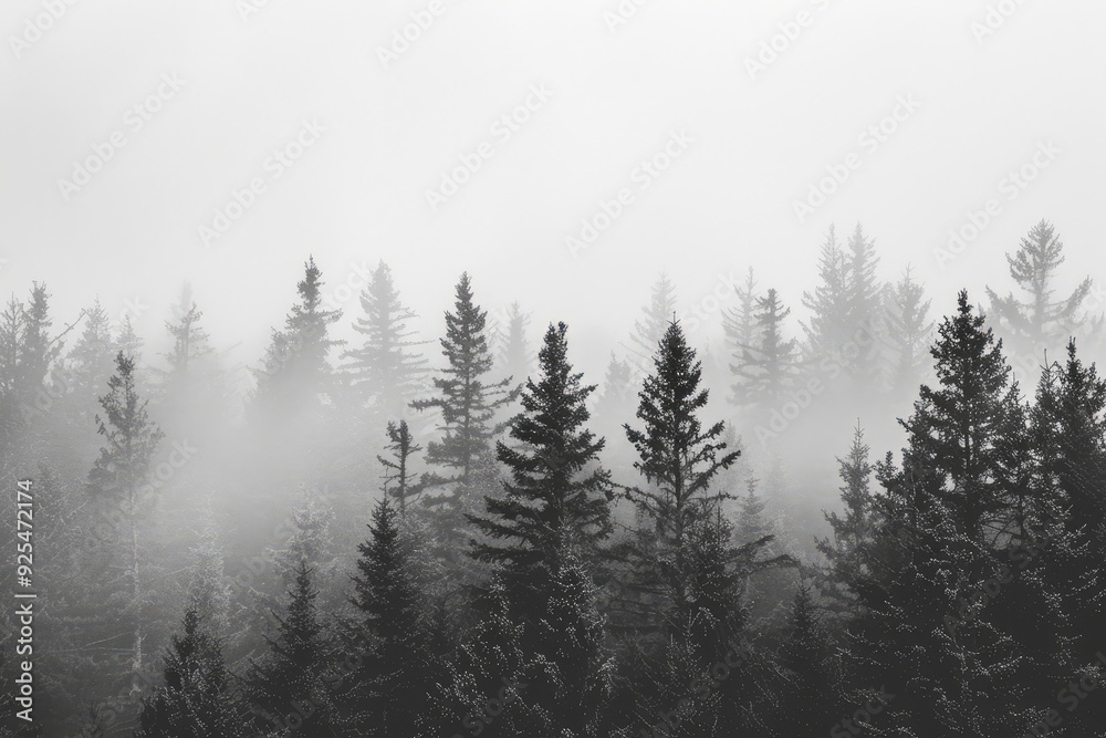 Trees disappearing in mist monochrome forest scene Trees disappearing in mist monochrome forest scene