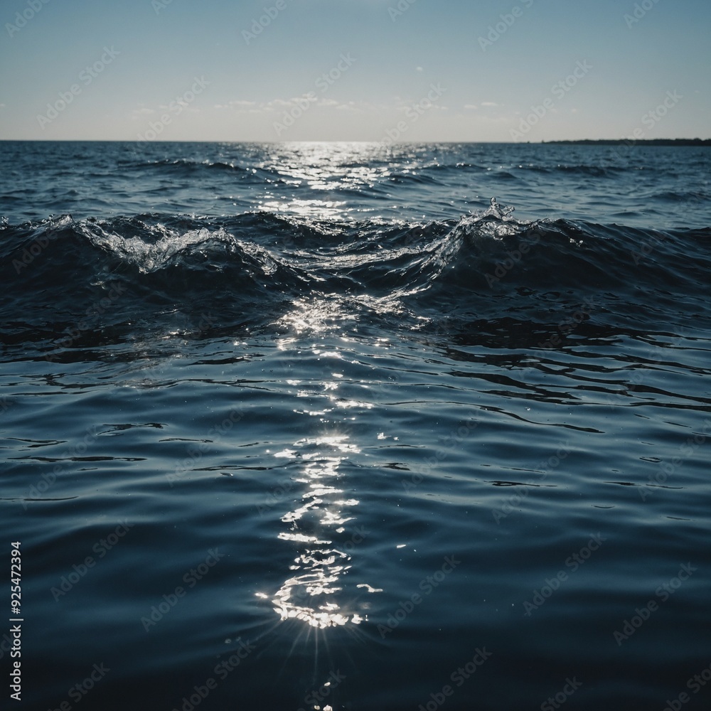 Shimmering surface of a quiet bay, with gentle waves lapping against the shore and distant hills creating a serene scene Shimmering surface of a quiet bay, with gentle waves lapping against the shore and distant hills creating a serene scene