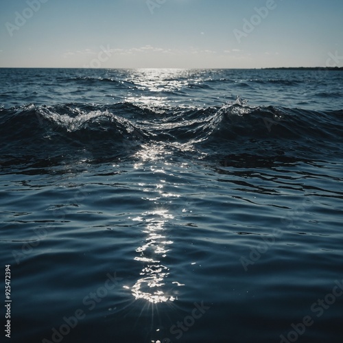 Shimmering surface of a quiet bay, with gentle waves lapping against the shore and distant hills creating a serene scene