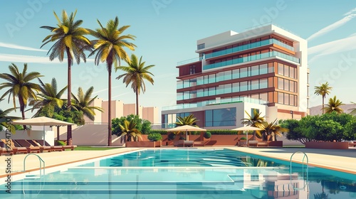 Hotel with a pool and palm trees  3D. High-rise hotel building. For concepts of family summer vacation