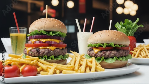 A burger placed in the table with french fries and cool drinks - Generative AI