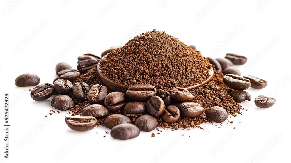 Heap of ground coffee and beans on white background