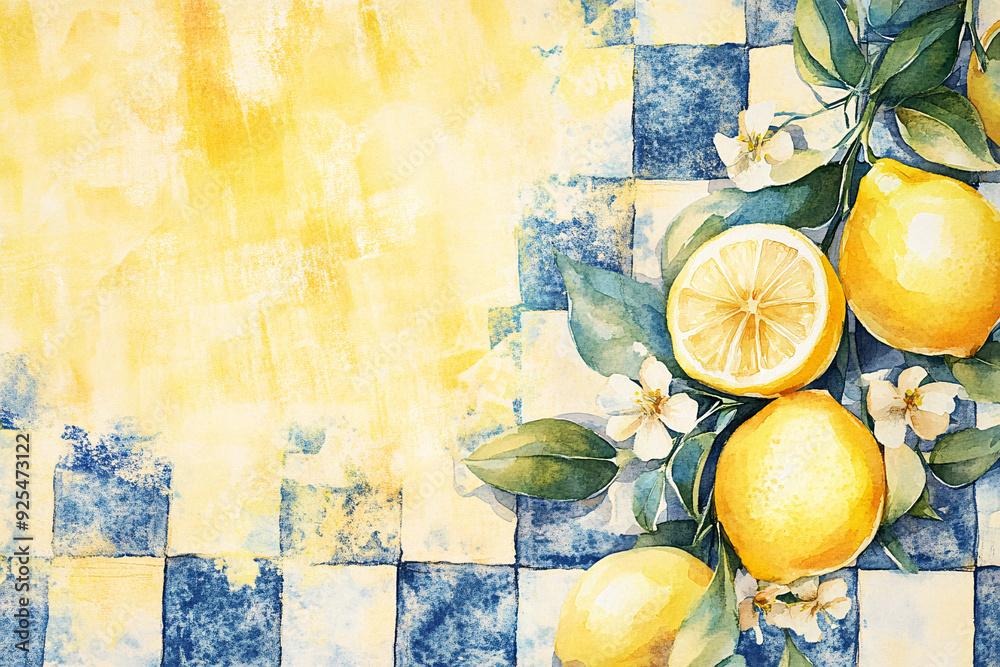 Bright lemons with green leaves and a slice of lemon placed on a blue ...