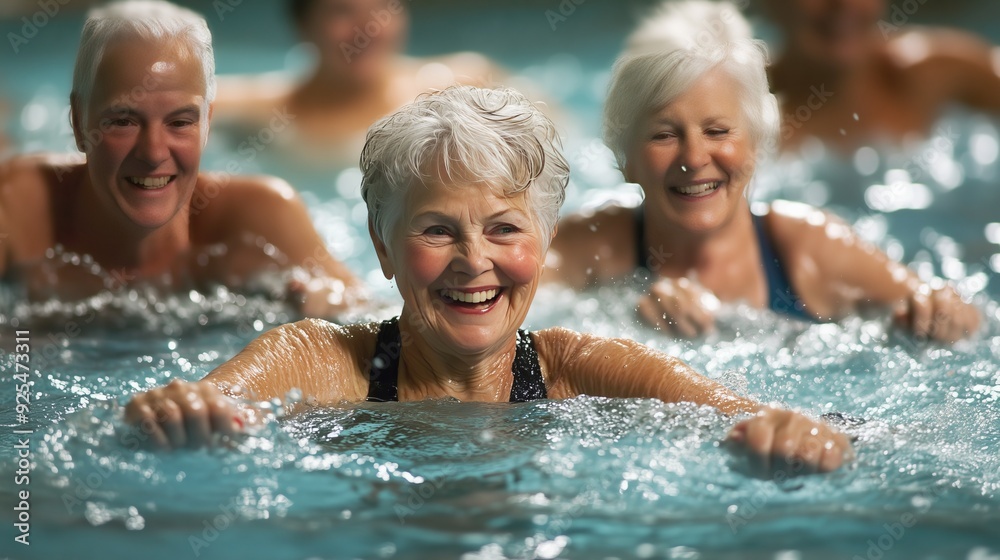 Seniors enjoy a lively water aerobics class, splashing and smiling while staying active together. Seniors enjoy a lively water aerobics class, splashing and smiling while staying active together.