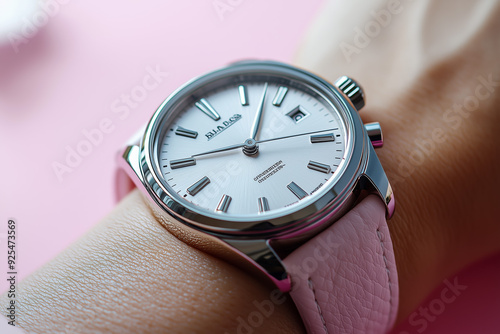 Elegant Silver Wristwatch with Pink Leather Strap