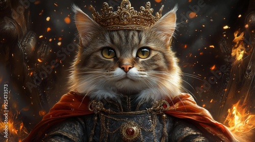 Majestic cat king with crown and flames - generative ai