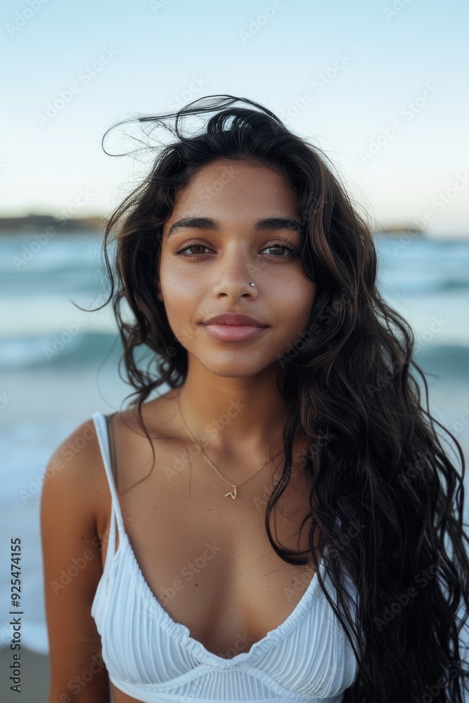 A young woman enjoying a day at the beach. She has long hair and is wearing a bikini, with her hair being caught by the sea breeze. A young woman enjoying a day at the beach. She has long hair and is wearing a bikini, with her hair being caught by the sea breeze.