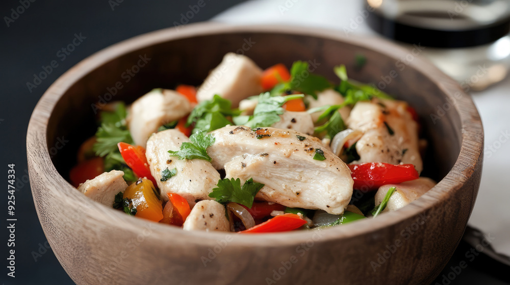 A wooden bowl filled with a healthy chicken and vegetable stir-fry, garnished with fresh herbs. This savory dish offers a wholesome presentation of a balanced meal. A wooden bowl filled with a healthy chicken and vegetable stir-fry, garnished with fresh herbs. This savory dish offers a wholesome presentation of a balanced meal.