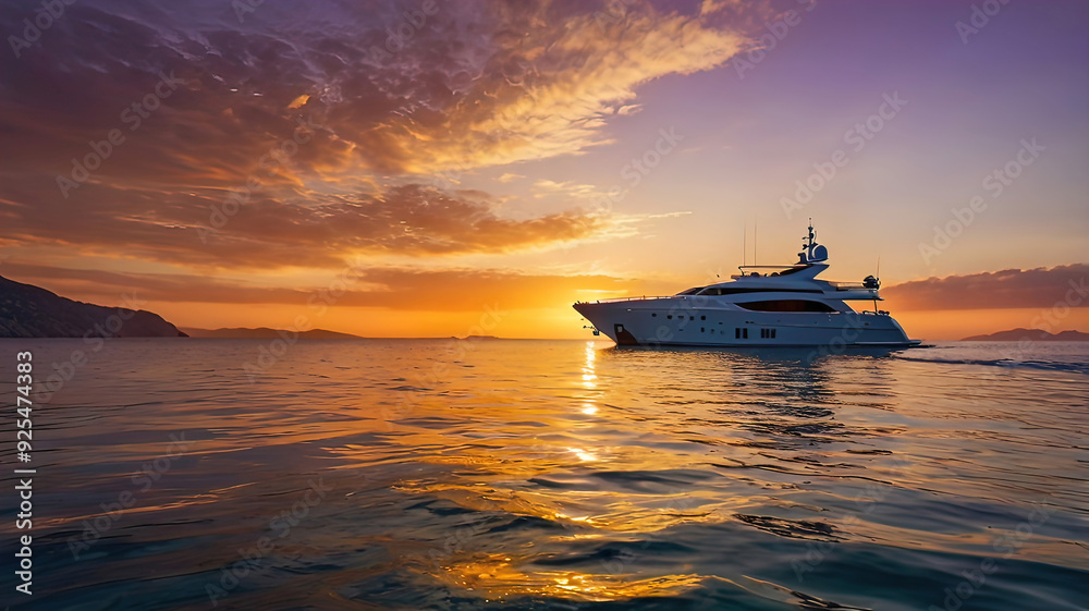 A luxury yacht anchors off the coast during a breathtaking sunset. The silhouette of the yacht stands out against the colorful sky,	

