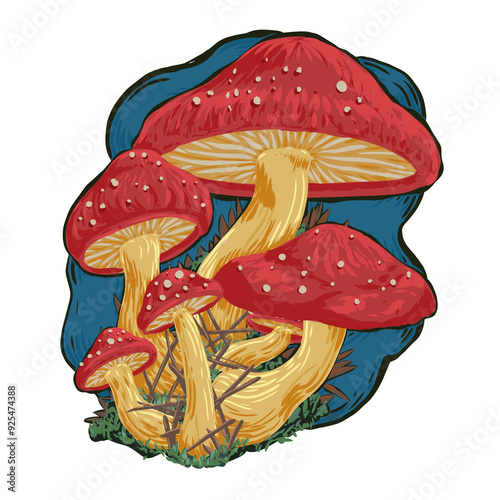 Cottagecore red cap fly agaric mushrooms on blue background with grass and sticks, toadstool group, fairy goblincore fungus
 photo