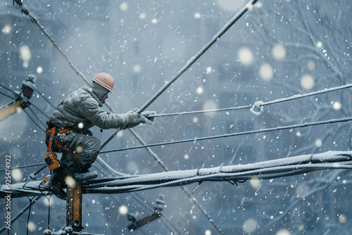 Electrician Working on Power Lines During a Snowstorm photo