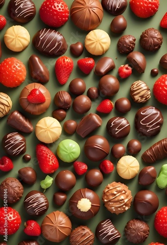 Assortment of various chocolate candies, truffles, and pastries on a light background, including dark chocolate bars, chocolate-covered strawberries, and other confections