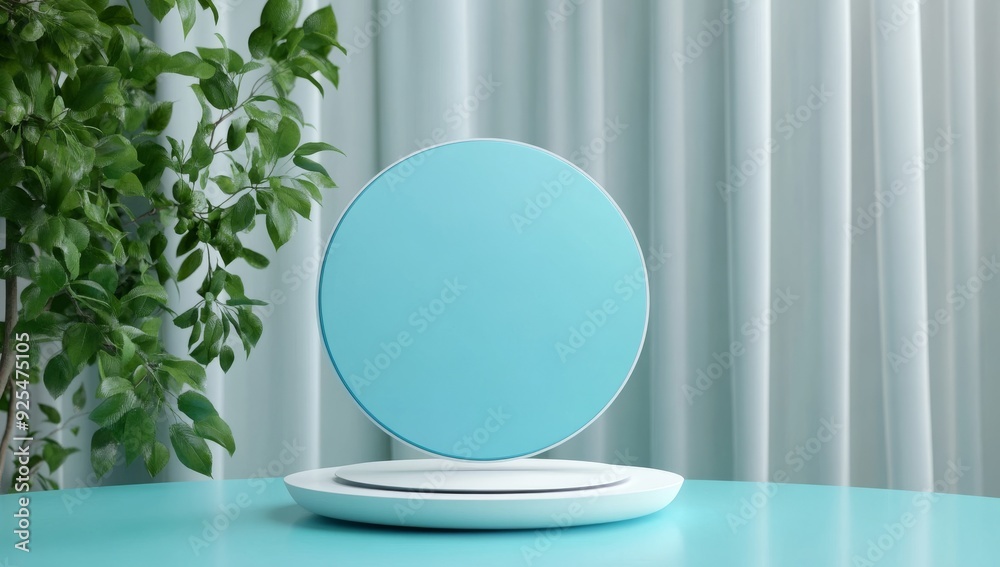 3D Podium for Product Presentation Pastel Blue Background White Curtains Circular Mirror 3D Podium for Product Presentation Pastel Blue Background White Curtains Circular Mirror