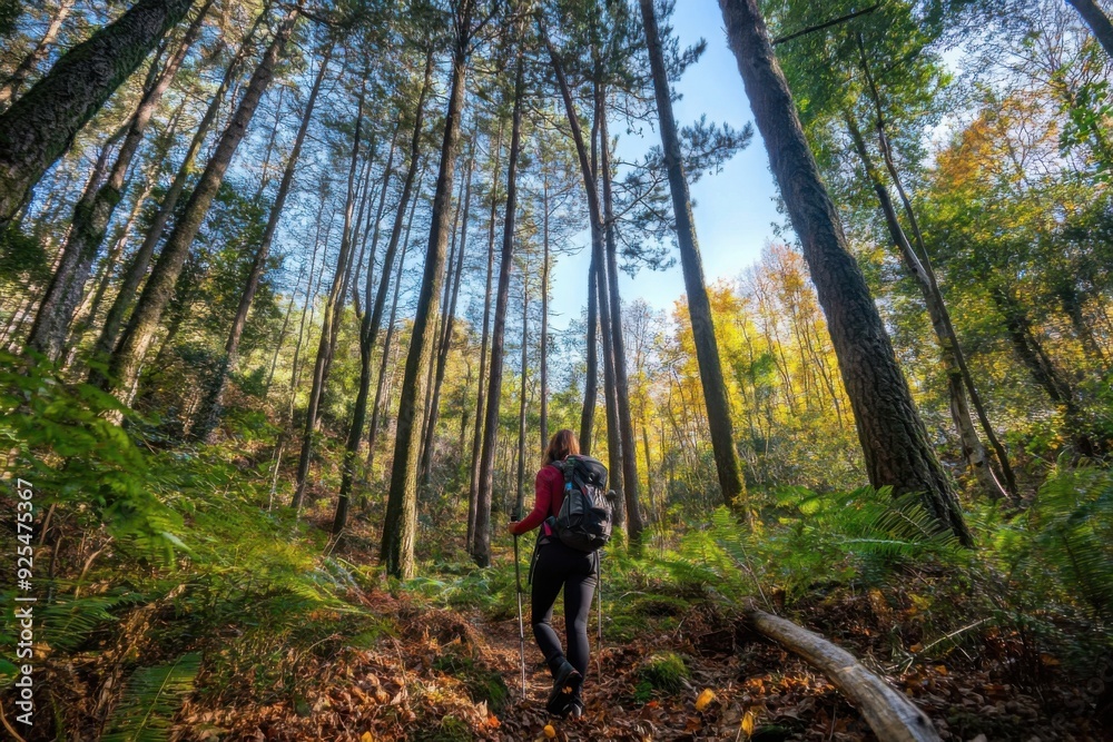 A person hiking in a sunlit forest with tall trees and thick foliage. A person hiking in a sunlit forest with tall trees and thick foliage.
