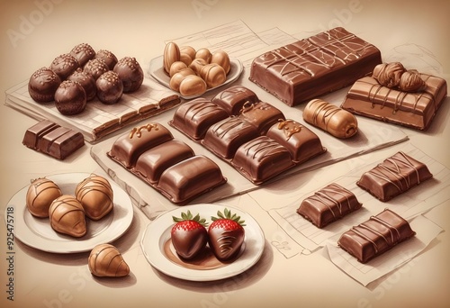 Assortment of various chocolate candies, truffles, and pastries on a light background, including dark chocolate bars, chocolate-covered strawberries, and other confections