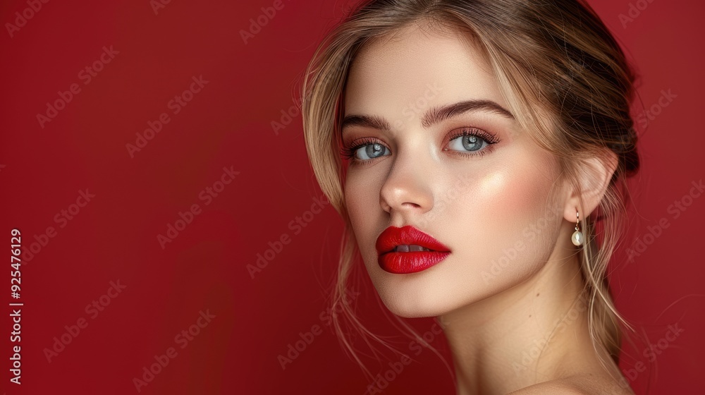 Young woman with bold red lips and subtle makeup poses against a solid red background Young woman with bold red lips and subtle makeup poses against a solid red background