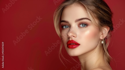 Young woman with bold red lips and subtle makeup poses against a solid red background