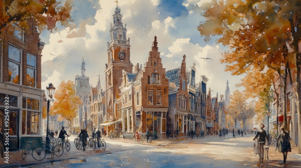Obraz premium Scenic autumn street in dutch town - generative ai