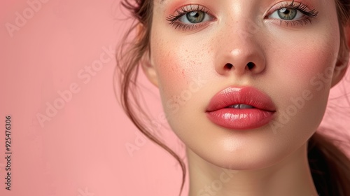 Close-up portrait of a young woman with natural makeup and soft pink background