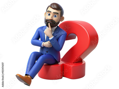 Confused 3d cartoon character businessman with question mark