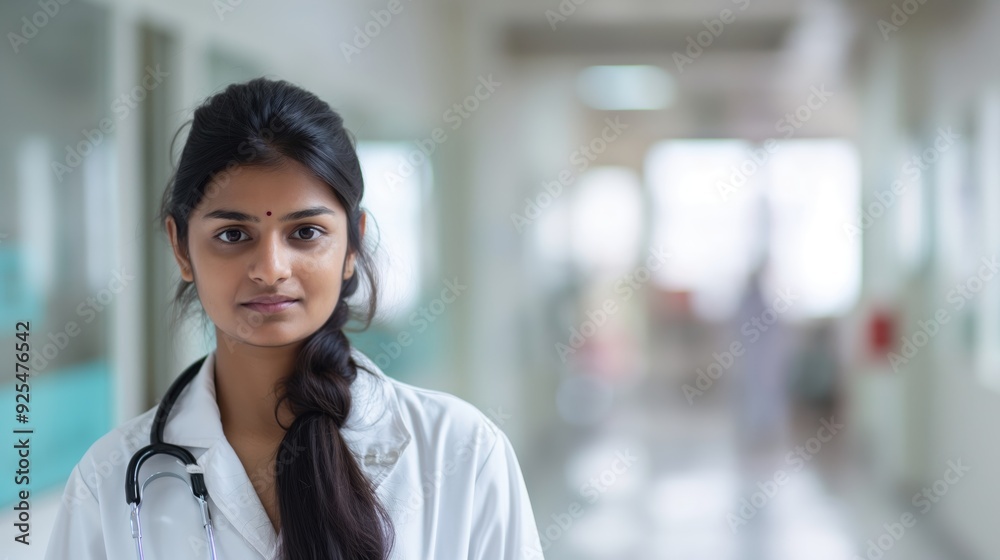 A young female doctor with a calm expression, wears a white coat and stethoscope, standing in a bright hospital corridor, epitomizing compassion. A young female doctor with a calm expression, wears a white coat and stethoscope, standing in a bright hospital corridor, epitomizing compassion.