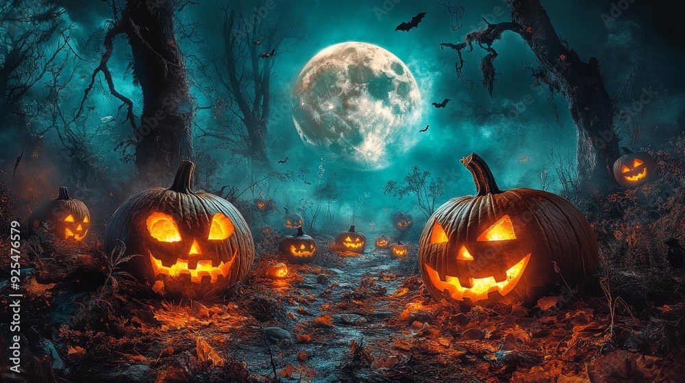 Naklejka premium Spooky pumpkin patch at midnight - generative ai