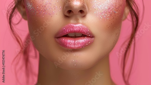 Young woman with glittery makeup poses against a pink background, showcasing shiny lips and sparkling skin