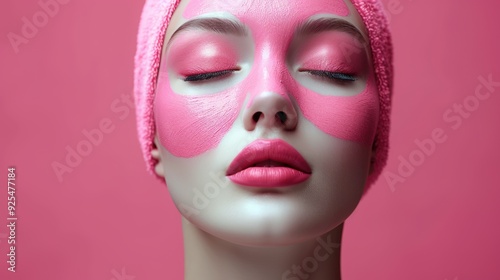 Young woman applies pink facial mask in a beauty salon with a pink backdrop during a skincare routine