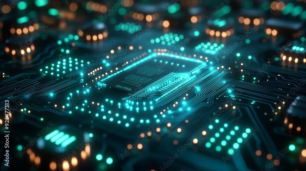 Futuristic circuit board with glowing lights - generative ai Futuristic circuit board with glowing lights - generative ai