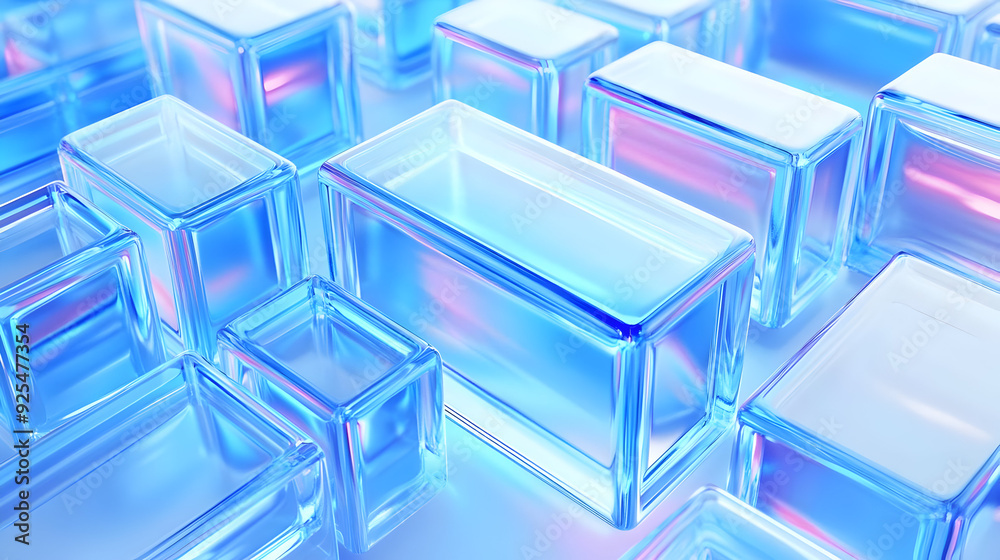 Abstract glass cubes in a blue and pink gradient background.