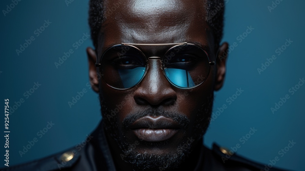 Obraz premium Confident man wearing sunglasses and a dark jacket in a moody blue-lit environment