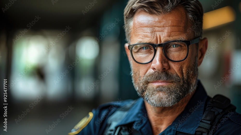 Police officer in uniform stands confidently indoors, engaged in community safety awareness at a local venue in the afternoon Police officer in uniform stands confidently indoors, engaged in community safety awareness at a local venue in the afternoon
