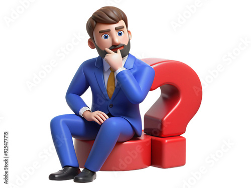Confused 3d cartoon character businessman with question mark.