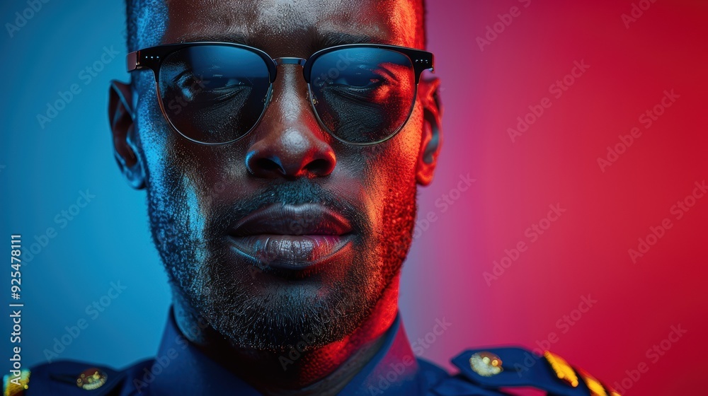 A close-up portrait of a serious police officer in sunglasses against a blue and red background during a nighttime setting