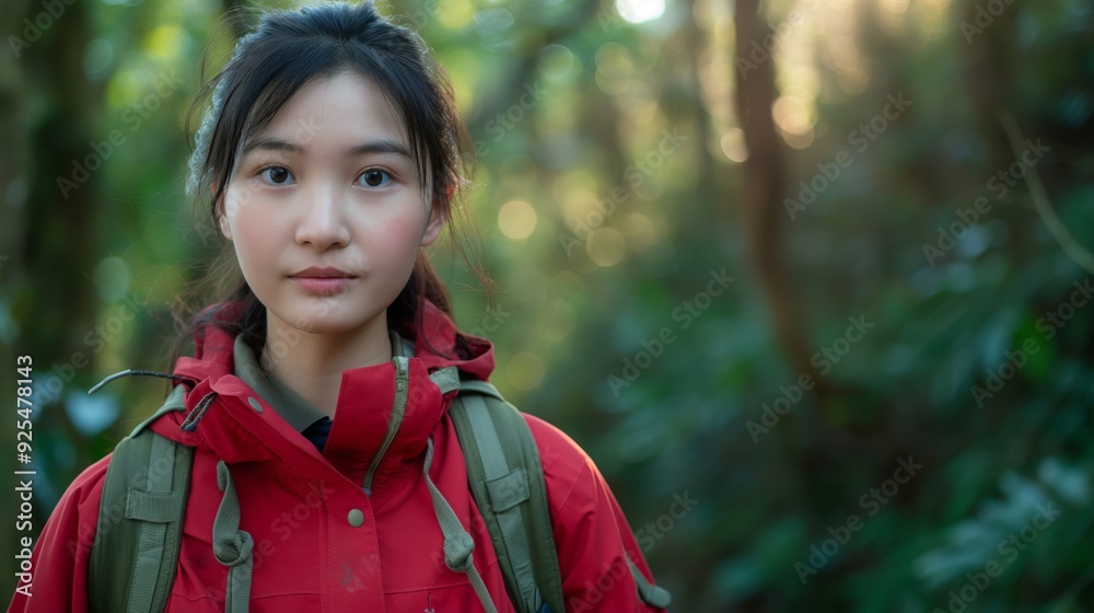 A hiker wearing a red jacket stands amid a lush green forest, symbolizing exploration and the connection to nature in an adventurous journey. A hiker wearing a red jacket stands amid a lush green forest, symbolizing exploration and the connection to nature in an adventurous journey.
