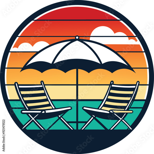 beach and umbrella Tshirt Sticker of a retro inspired design 