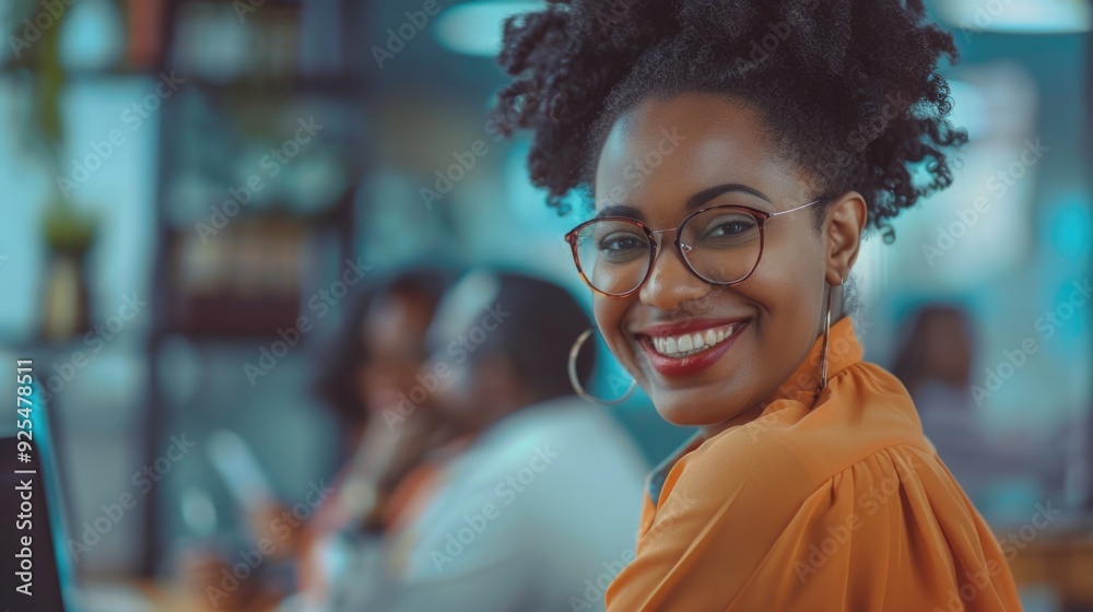 The image features a young, smiling African-American woman with glasses and an orange top. She is in a modern office setting, likely working on her laptop. The image features a young, smiling African-American woman with glasses and an orange top. She is in a modern office setting, likely working on her laptop.