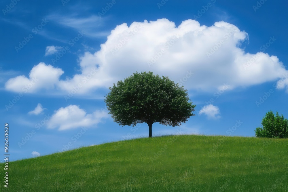 A solitary tree stands on a green hill beneath a blue sky filled with white clouds. A solitary tree stands on a green hill beneath a blue sky filled with white clouds.