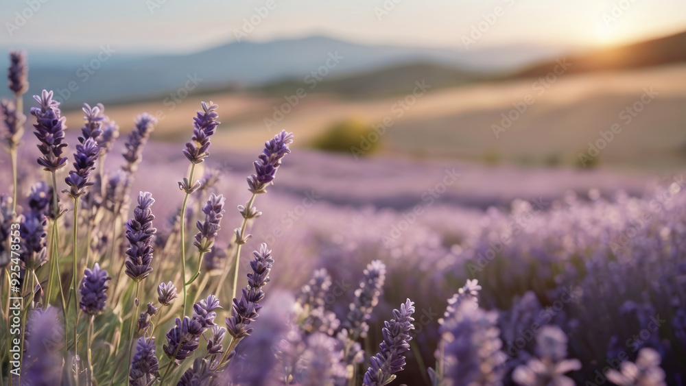 Obraz premium Field of blooming lavender, beautiful sunset light, soft pastel colors, rows of lavender bushes stretching to horizon