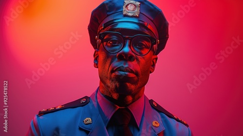 A confident law enforcement officer stands in colorful lighting, showcasing authority and pride in their uniform