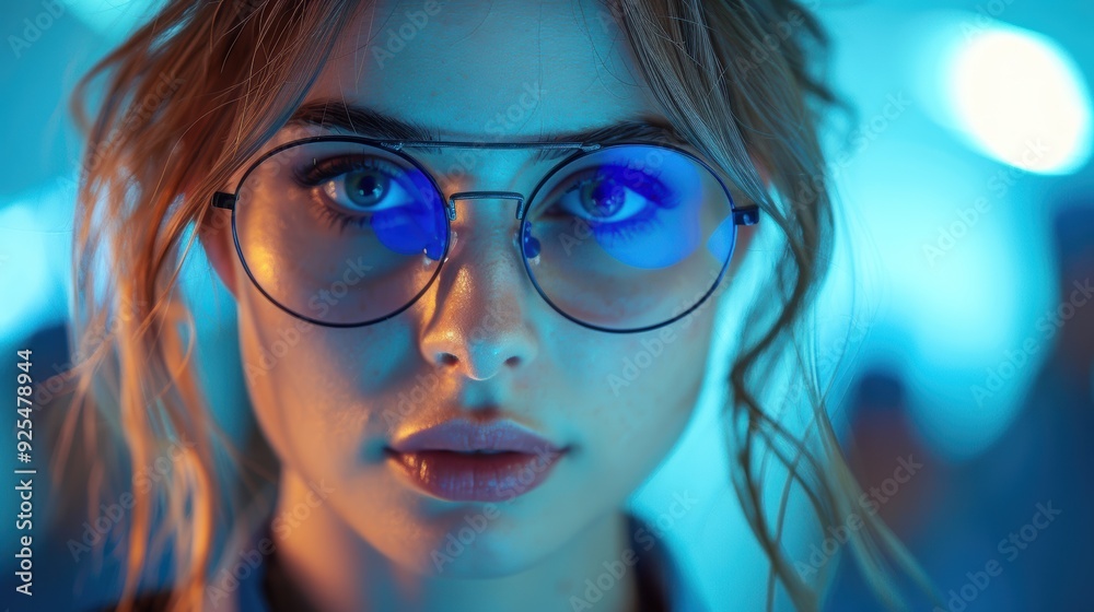 Young woman with glasses posing under blue and orange lighting in an urban setting Young woman with glasses posing under blue and orange lighting in an urban setting