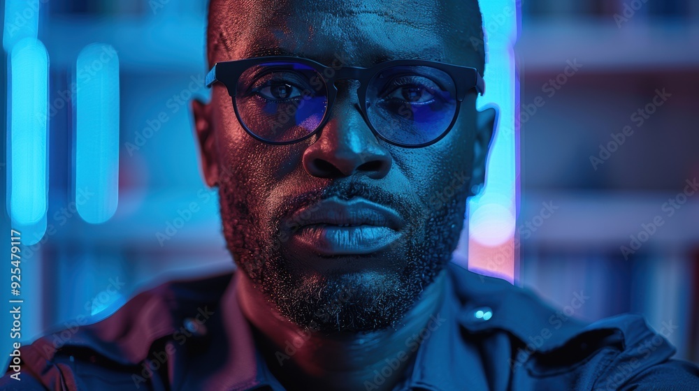 A serious man with glasses sits in a room illuminated by blue and purple lights, conveying an intense atmosphere A serious man with glasses sits in a room illuminated by blue and purple lights, conveying an intense atmosphere