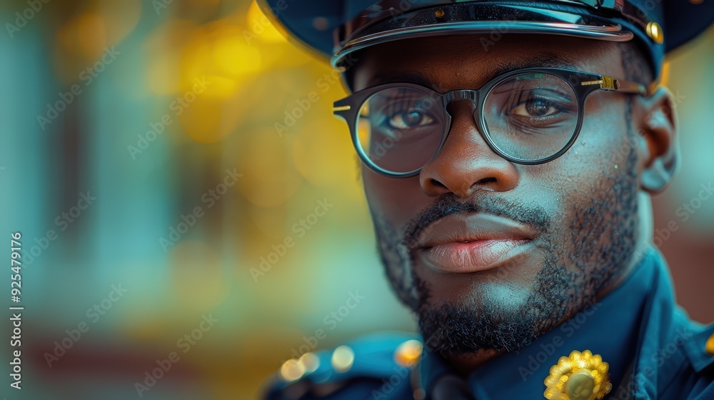 Portrait of a police officer in uniform with glasses posing outdoors during golden hour