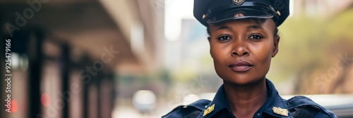 A female police officer in full uniform stands outdoors, looking stoic and determined, embodying strength and authority. photo