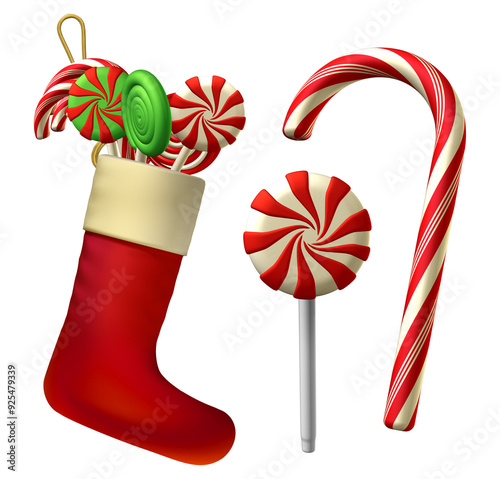 A classic Christmas stocking filled with colorful swirl lollipops and candy canes. Two additional candy treats are placed beside the stocking. 3D illustration