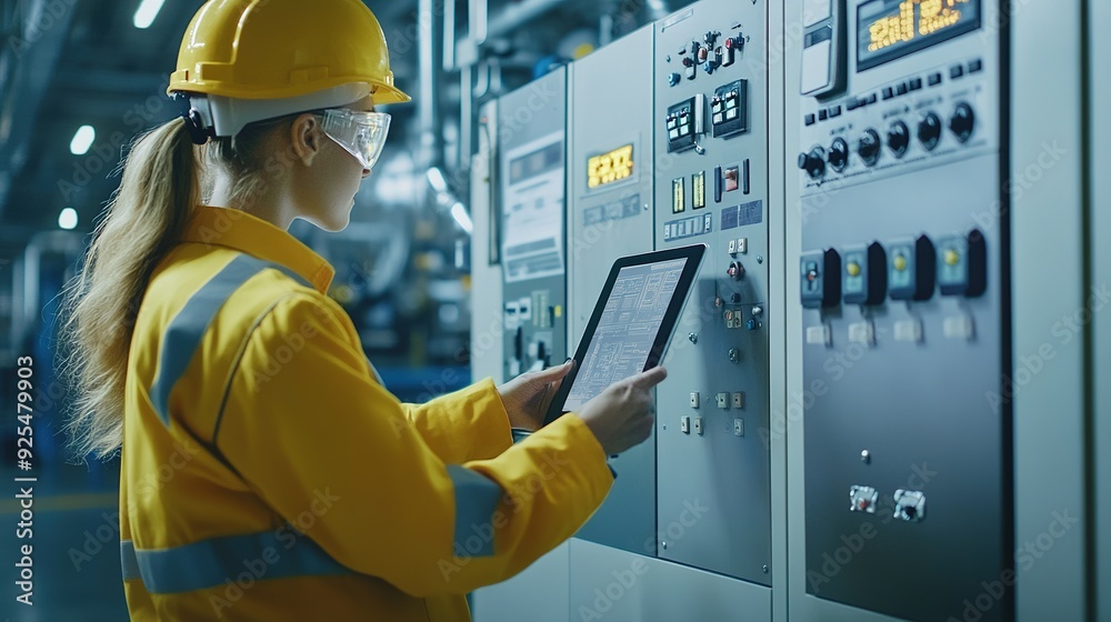 engineer or factory worker using tablet computer for finding how to use machine control panel in factory
